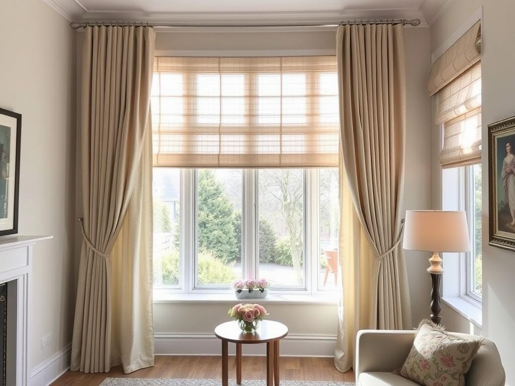 curtains with blinds and Roman shadesфото