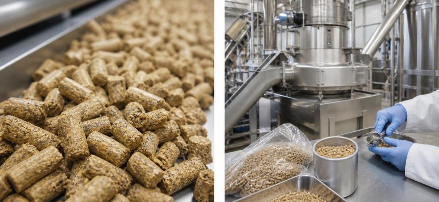 Прочные гранулы комбикорма на производстве