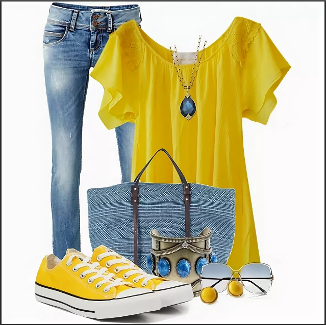 Сине желтая кофта. Комплекты одежды для девушек яркая. Сочетание одежды на лето. Сине желтый цвет в одежде. Красивое сочетание одежды.
